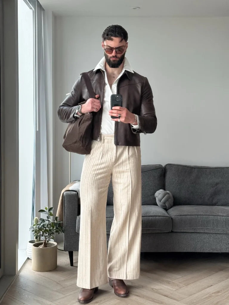 Leather Jacket and Pinstripe Trousers Outfit