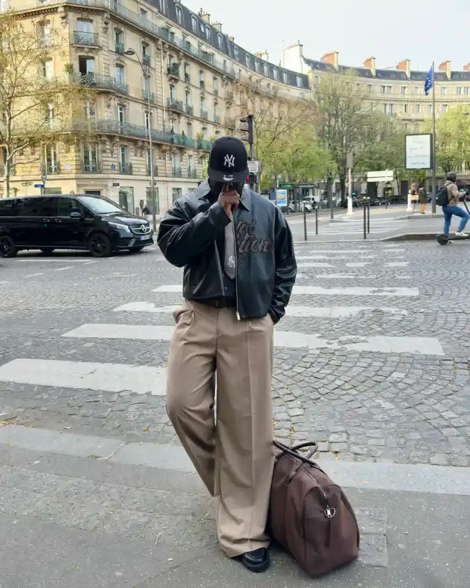Leather Jacket and Wide-Leg Trousers
