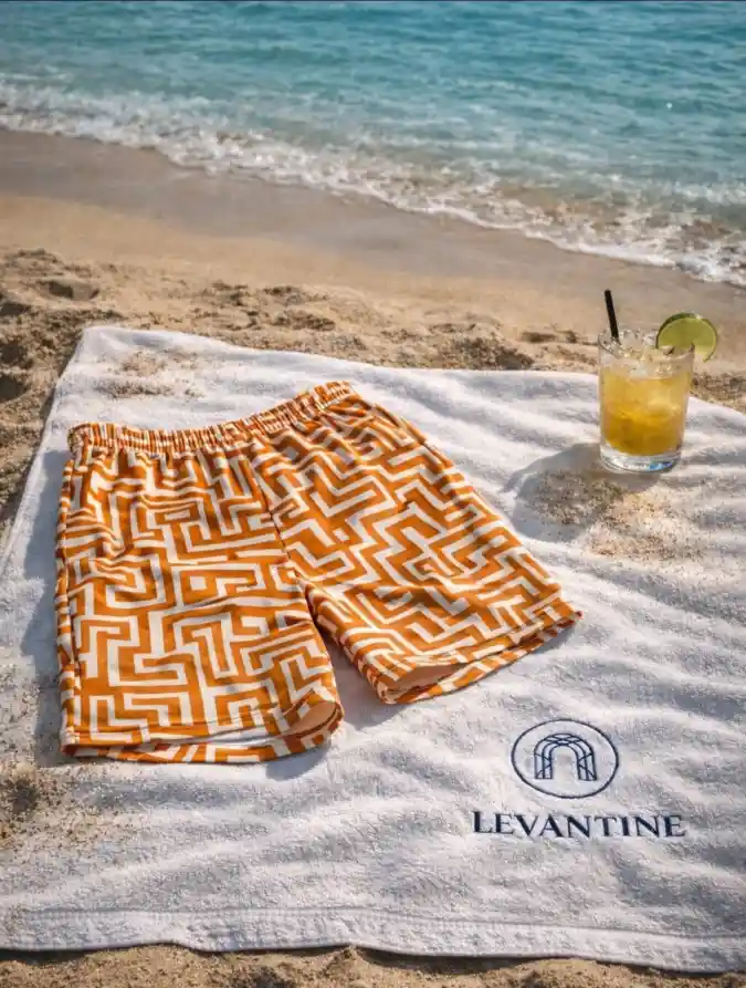 Levantine Orange Greek Key Swim Trunks