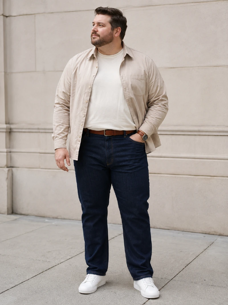 Light Beige Button-Down Shirt & Dark Jeans