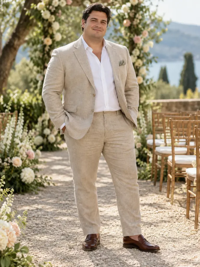 Light Beige Linen Suit With Relaxed Open Collar