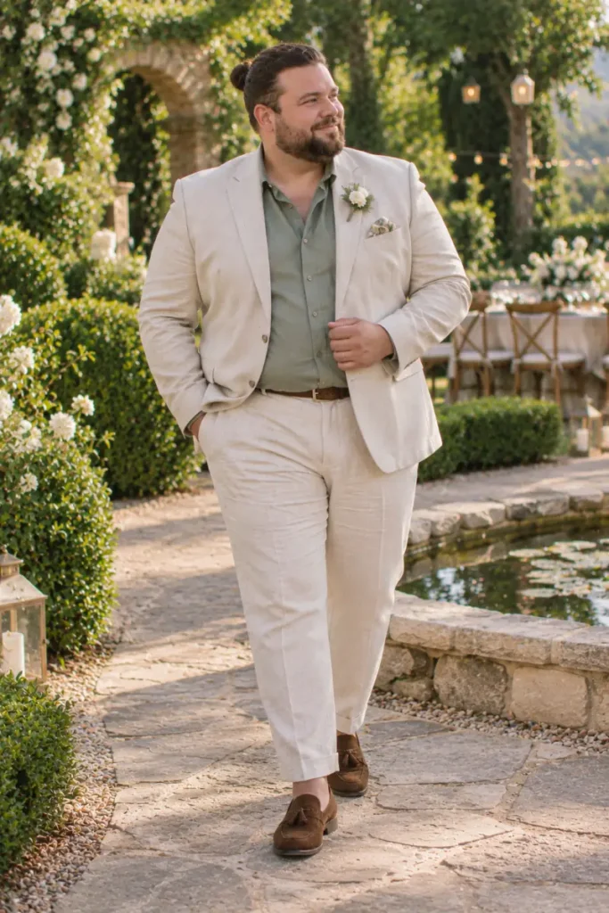 Light Beige Linen Suit With Sage Green Shirt