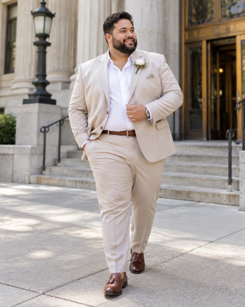 Light Beige Suit with Brown Tassel Loafers
