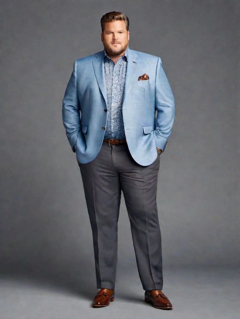 Light Blue Blazer, Patterned Shirt, and Charcoal Trousers