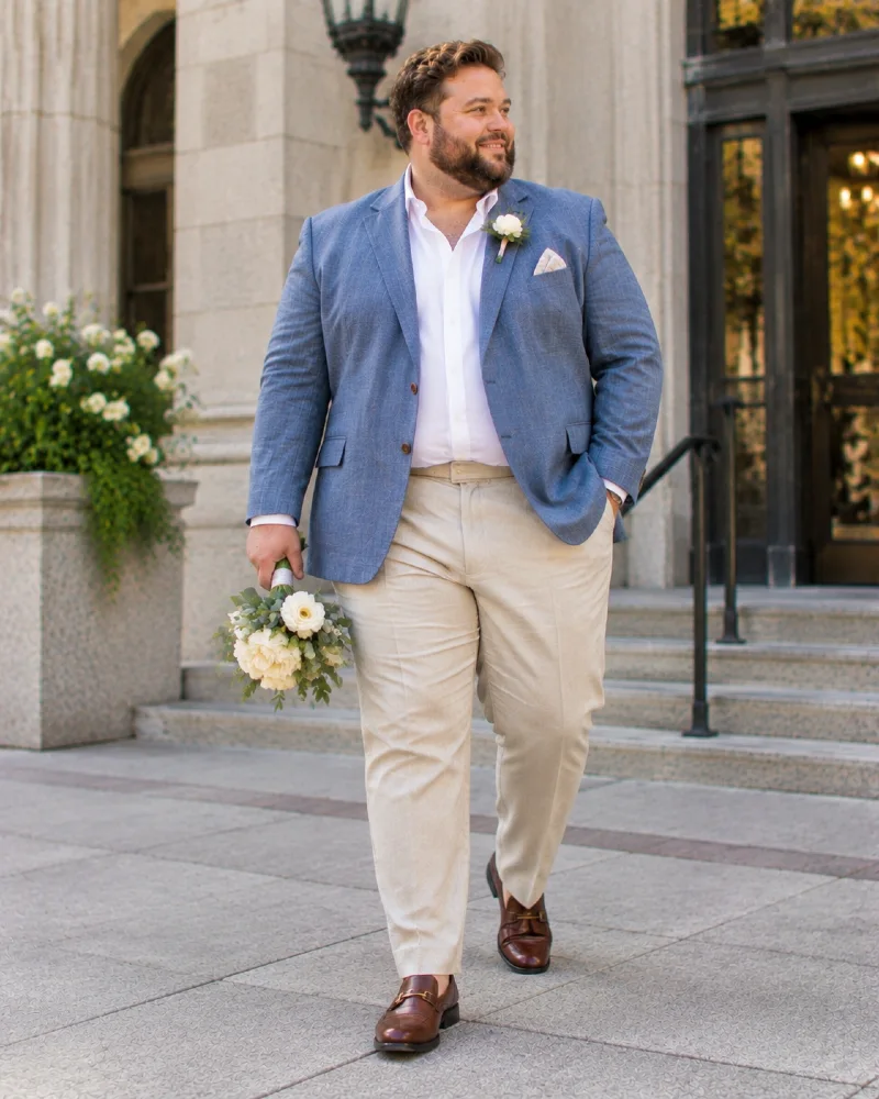 Light Blue Blazer with Sand Trousers