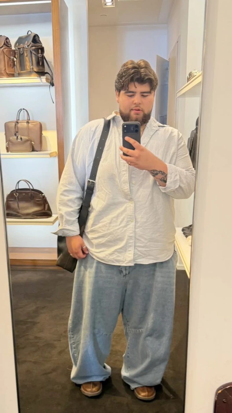 Light Blue Button-Down Shirt, Baggy Light-Wash Jeans, and Brown Shoes