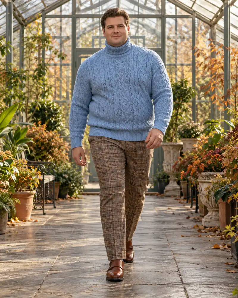 Light Blue Cable Knit and Brown Plaid Trousers