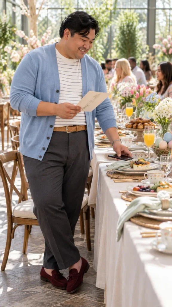 Light Blue Cardigan and Burgundy Suede Loafers