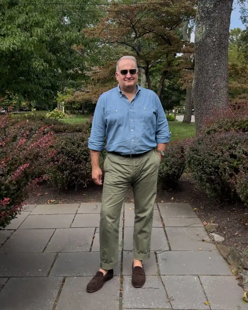 Light Blue Chambray Shirt And Olive Green Trousers