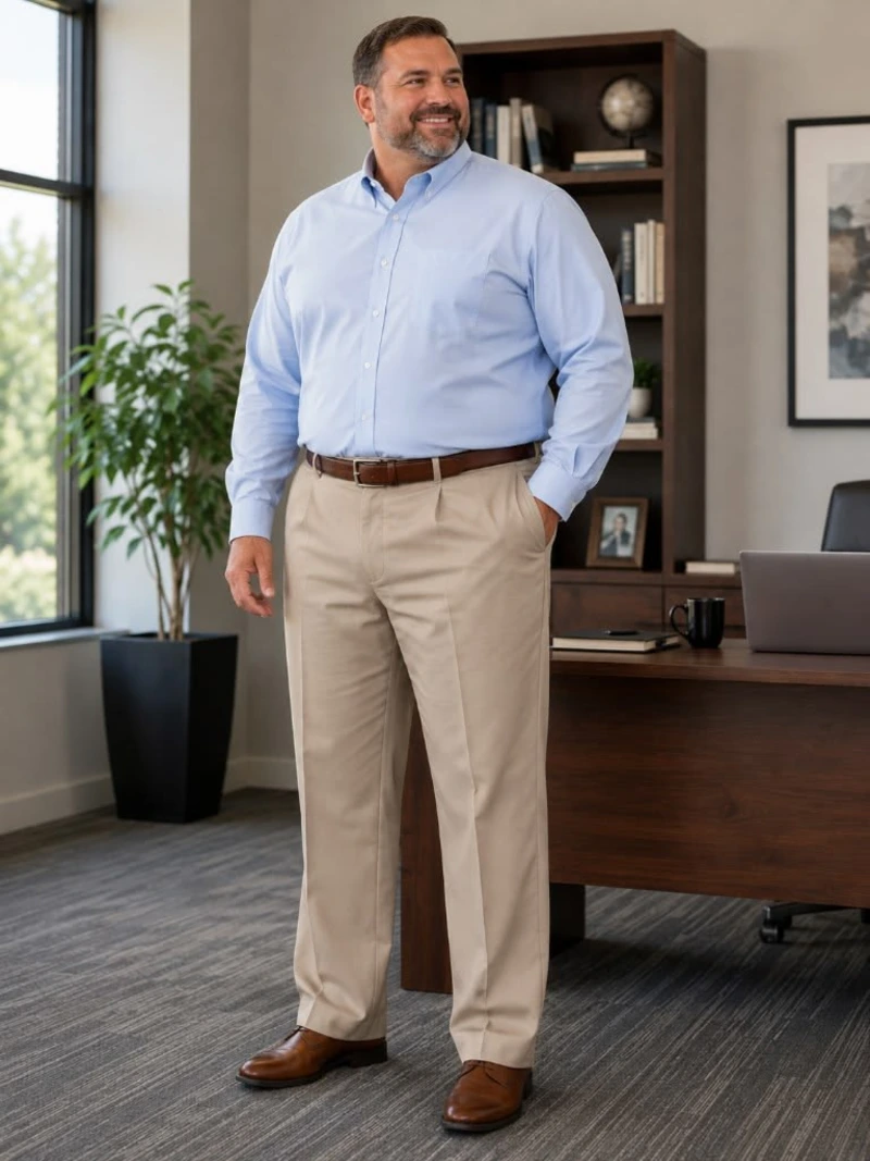 Light Blue Dress Shirt and Beige Trousers