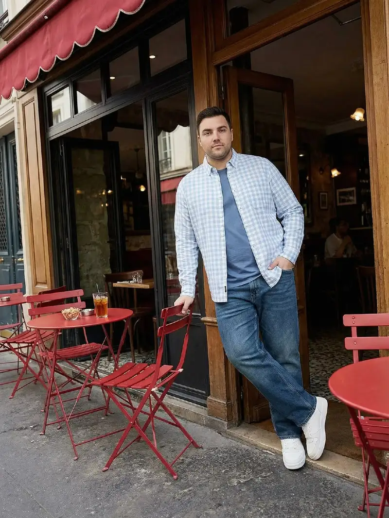 Light Blue Gingham Button-Down Shirt and Blue Jeans