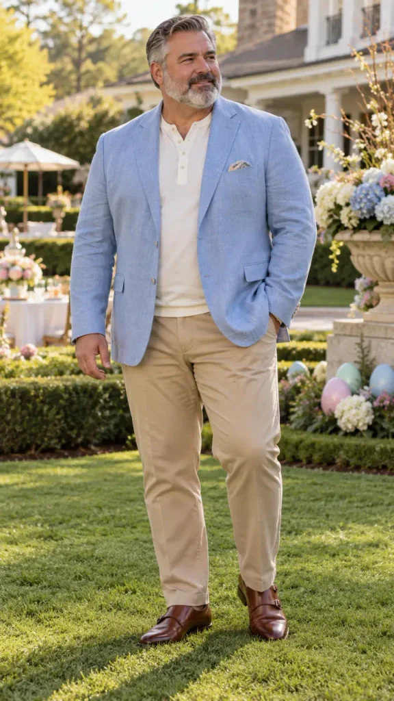 Light Blue Linen Blazer Over Cream Henley