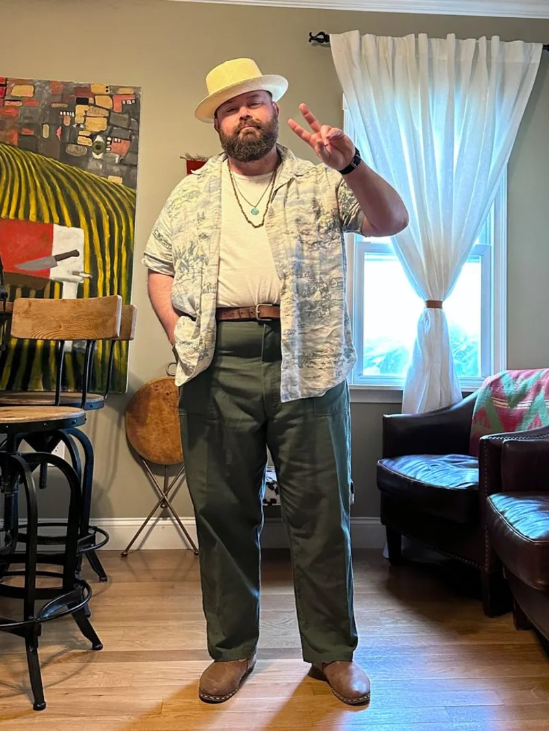 Light Blue Printed Shirt and Olive Green Pants