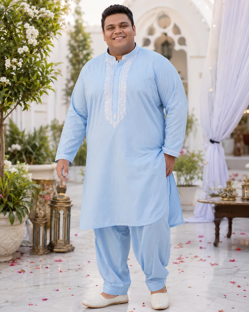 Light Blue Shalwar Kameez with White Embroidery