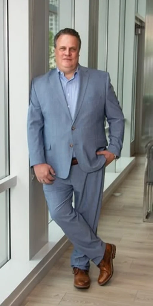 Light Blue Suit With Polished Cognac Leather