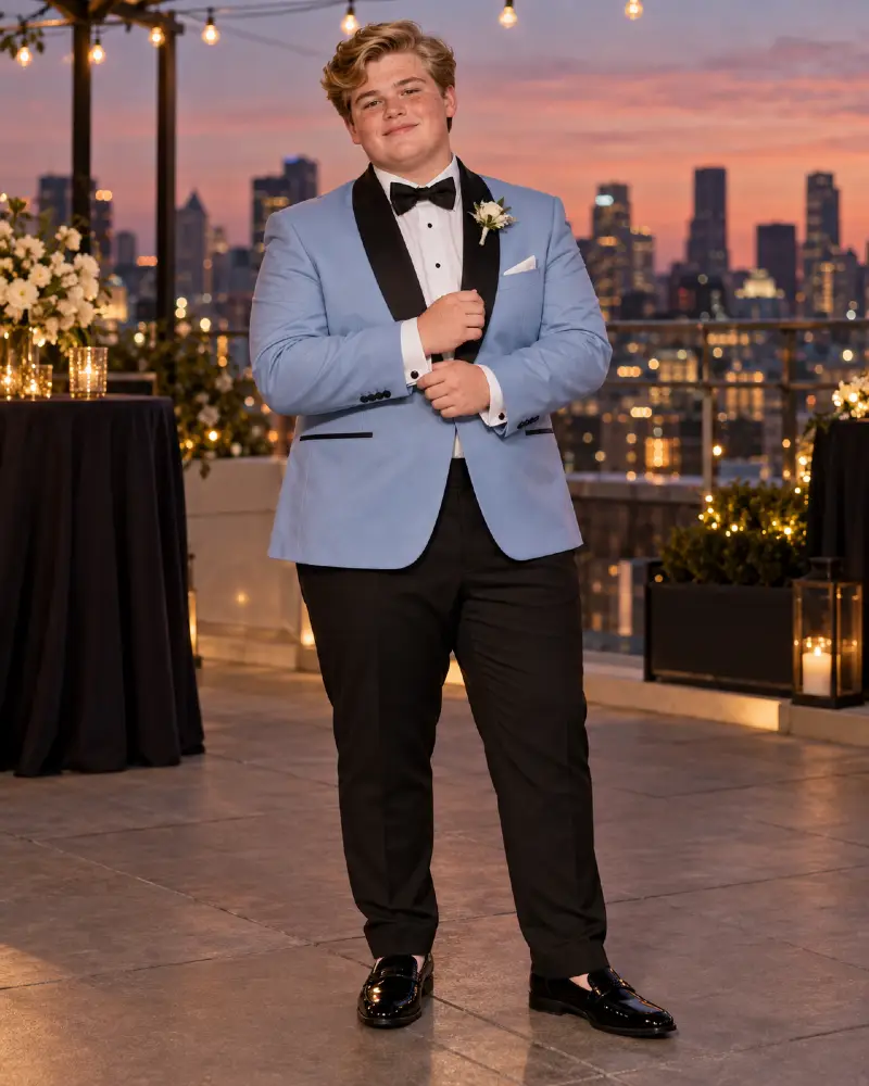 Light Blue Tuxedo Jacket With Black Lapels For Rooftop Celebrations