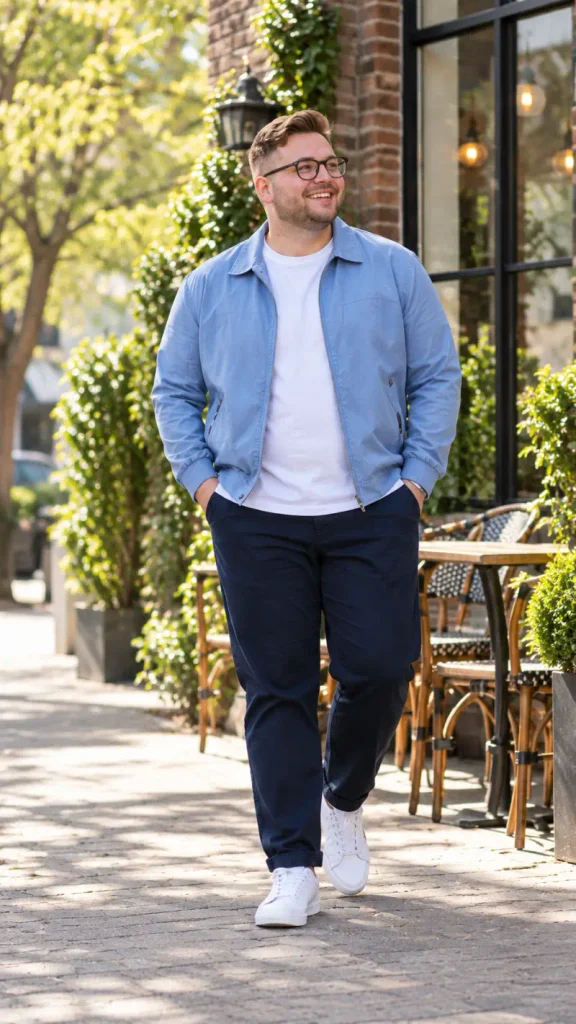 Light Blue Zip Jacket Over Dark Navy Chinos