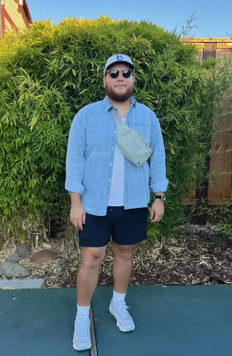 Light Denim Button-Down, Navy Shorts, and Sneakers