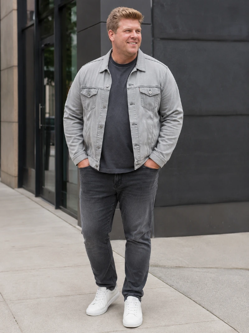 Light Gray Denim Jacket with Dark Gray T-Shirt and Charcoal Jeans