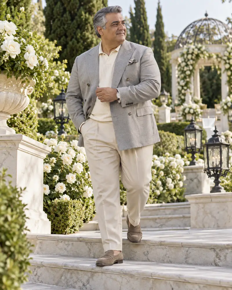Light Gray Double Breasted Blazer With Cream Polo