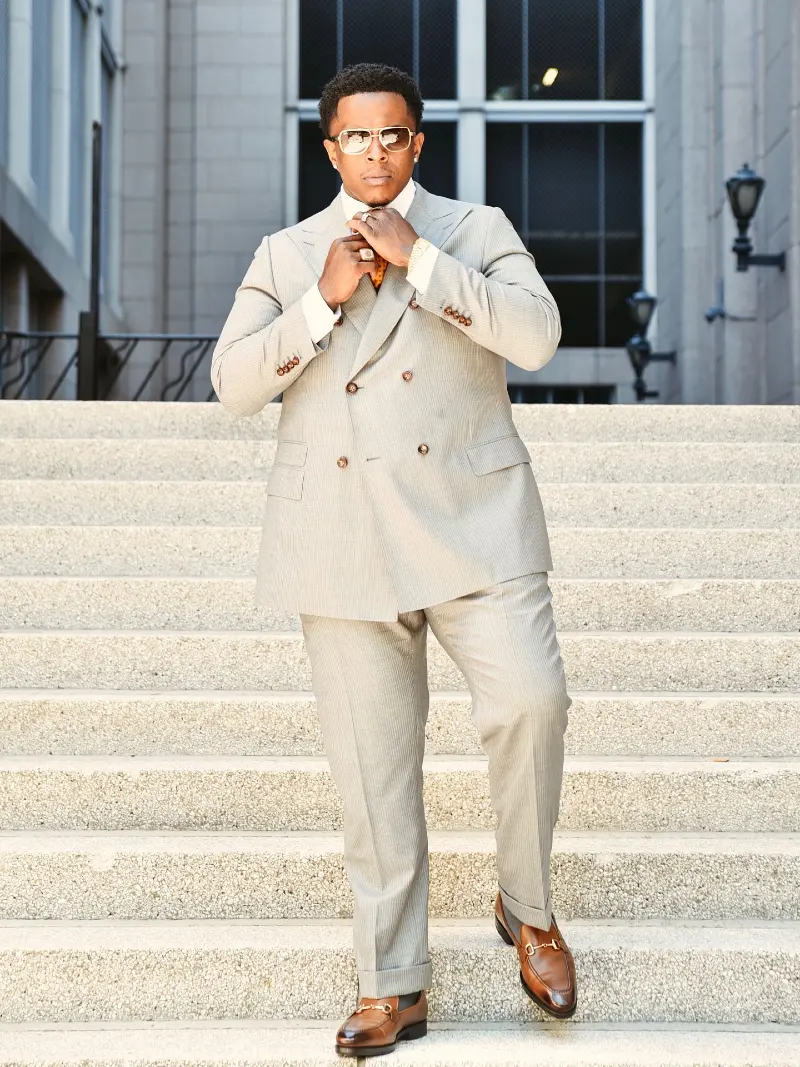 Light Gray Double Breasted Suit, White Dress Shirt, Orange Tie and Brown Loafers