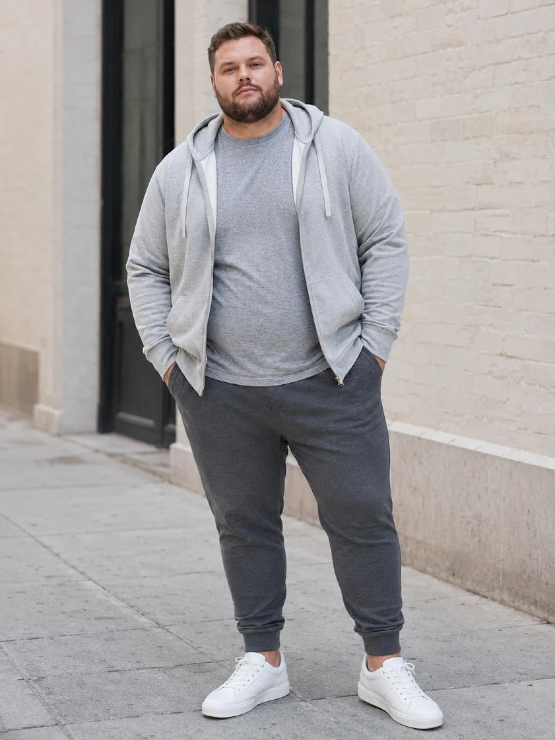 Light Gray Hoodie with Dark Gray Sweatpants and White Sneakers