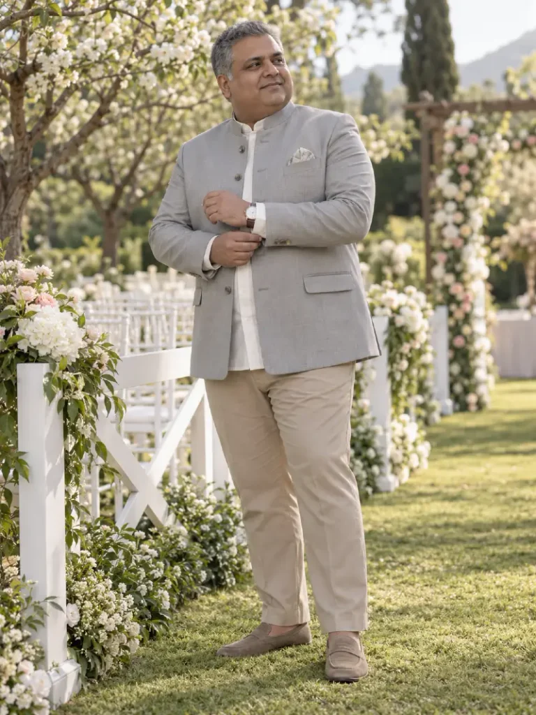 Light Gray Mandarin Collar Jacket With Khaki Trousers