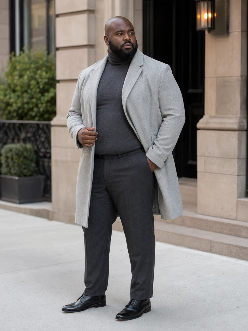 Light Gray Overcoat with Dark Charcoal Turtleneck and Dress Pants