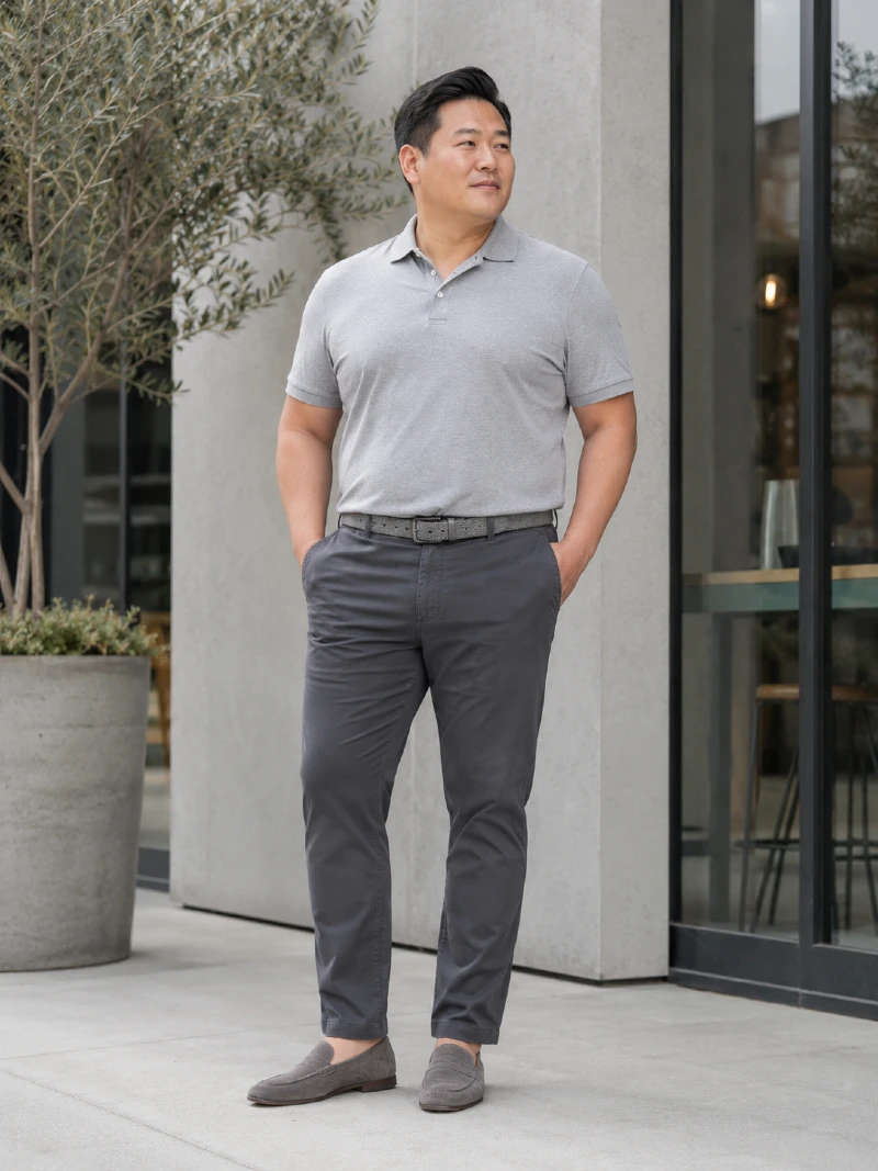 Light Gray Polo Shirt with Dark Gray Chinos and Suede Loafers
