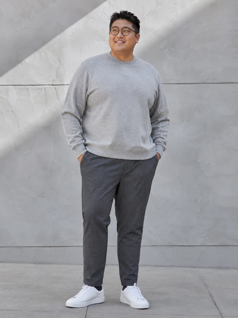 Light Gray Sweatshirt with Dark Charcoal Chinos and White Sneakers