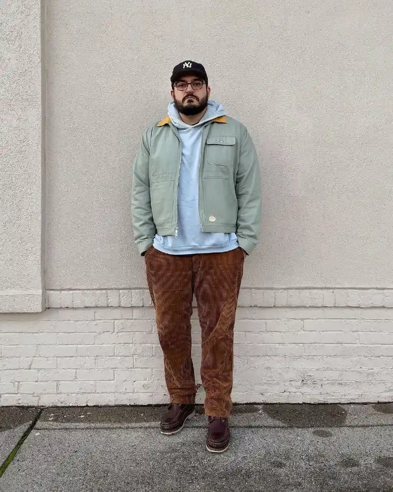 Light Green Jacket, Light Blue Hoodie, Brown Corduroy Pants, and Leather Shoes
