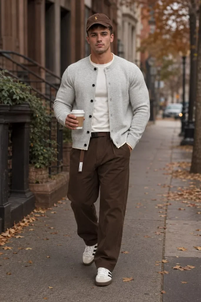 Light Grey Cardigan And Chocolate Brown Trousers