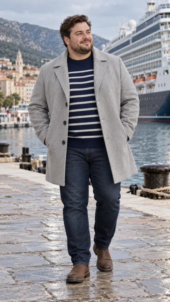 Light Grey Overcoat and Nautical Striped Knit