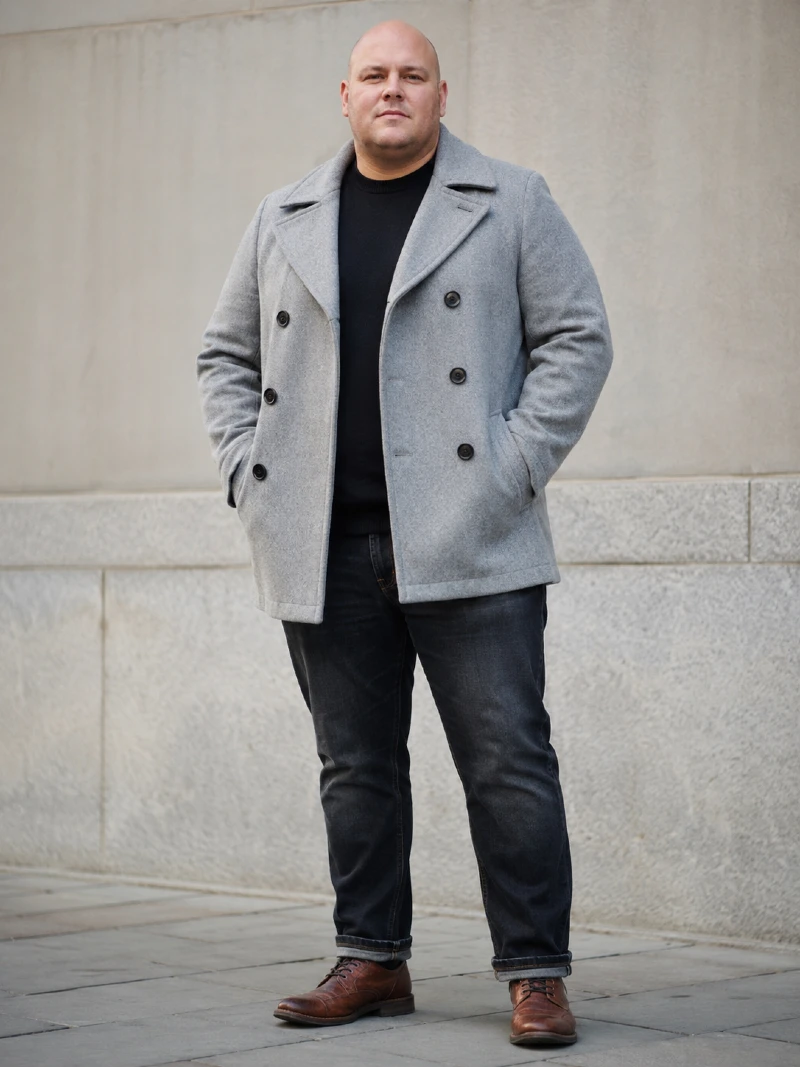 Light Grey Peacoat, Black Sweater, and Dark Jeans