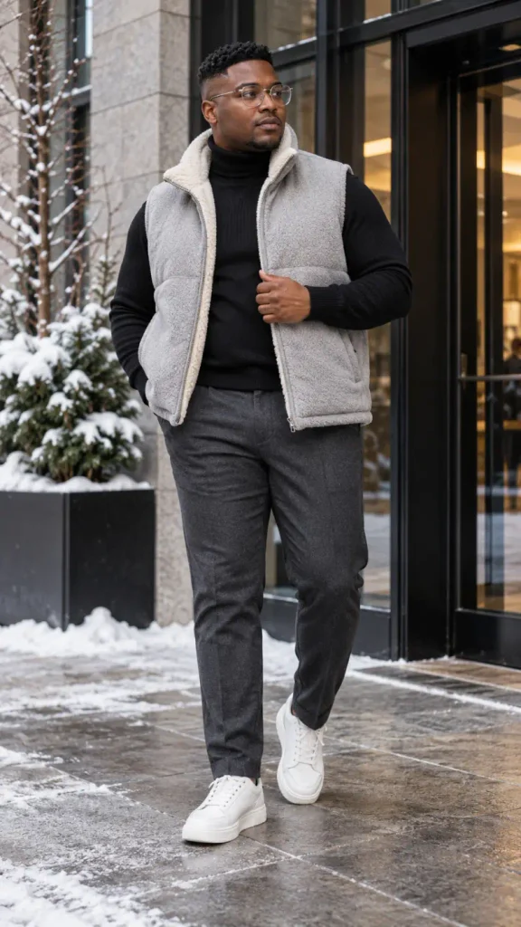 Light Grey Sherpa Vest and Black Turtleneck