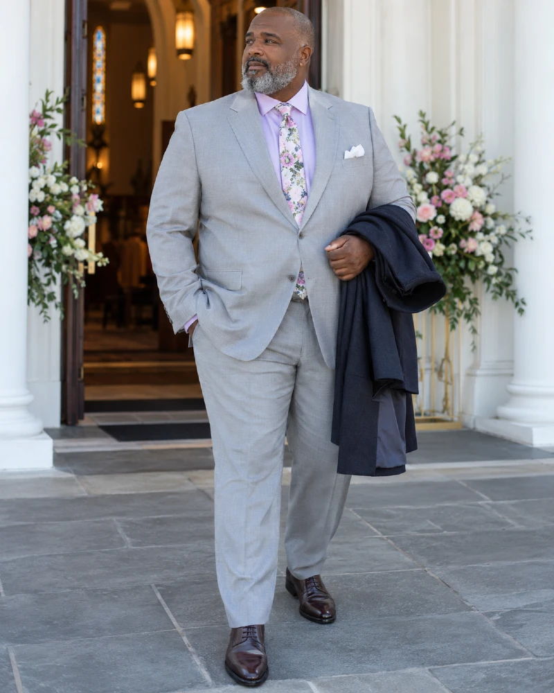 Light Grey Suit And Lavender Shirt