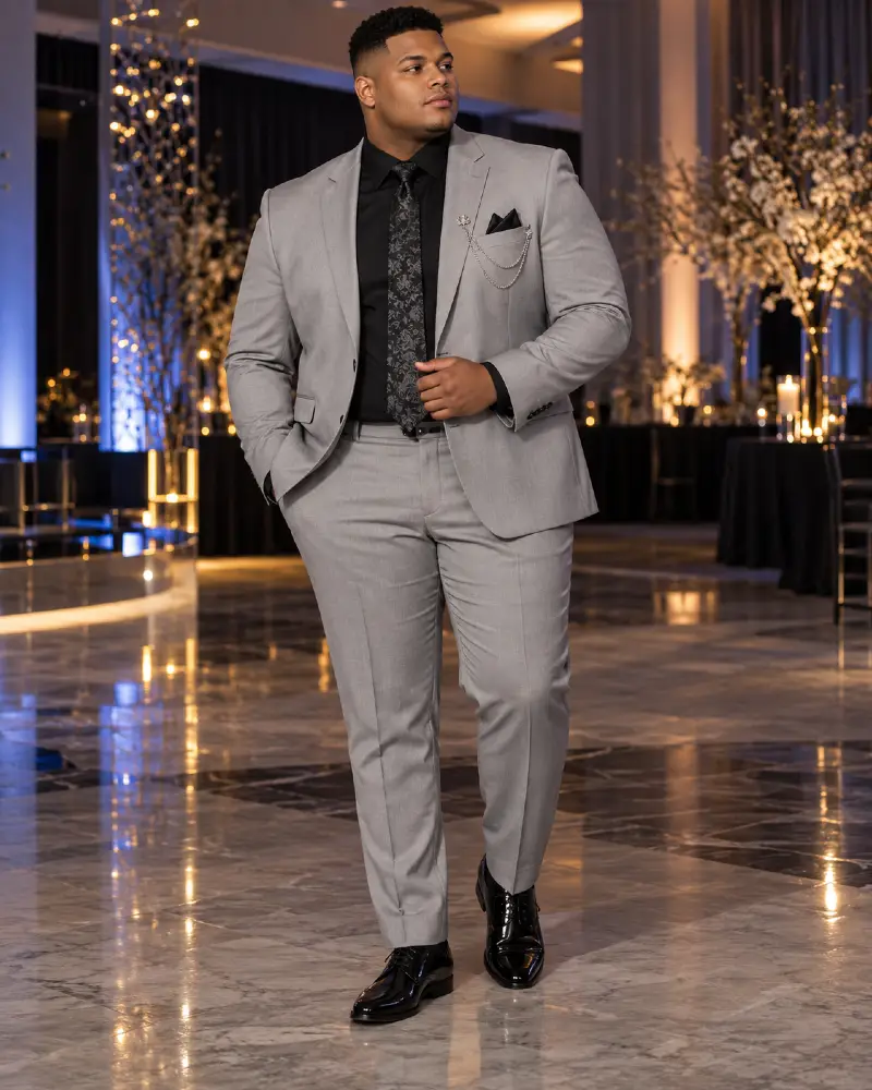 Light Grey Suit With Black Contrast And Chain Detail