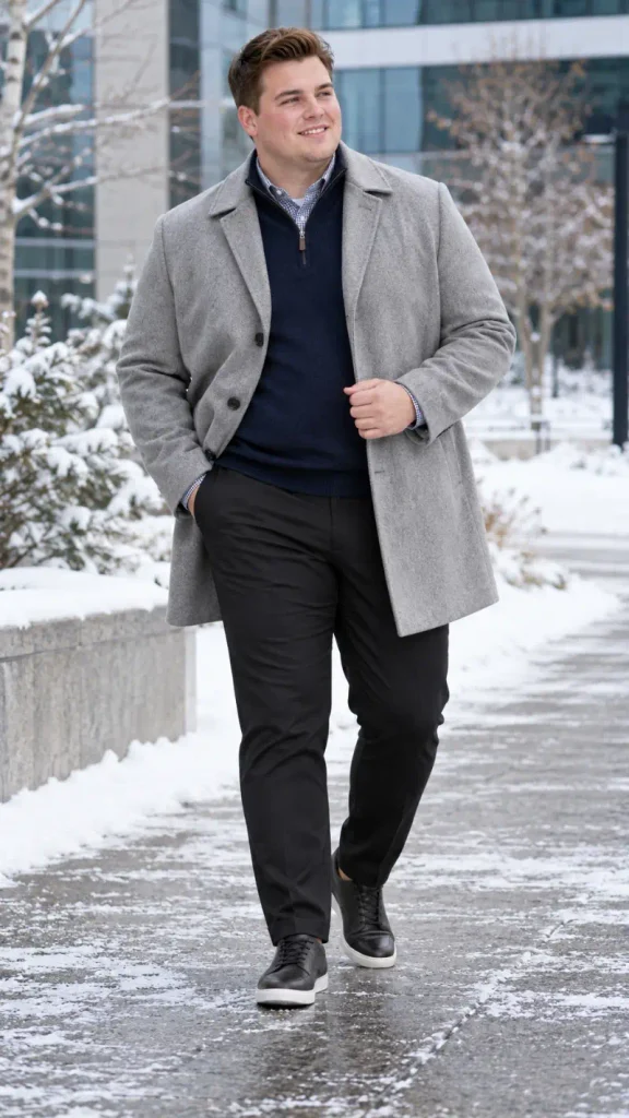 Light Grey Topcoat and Navy Quarter Zip
