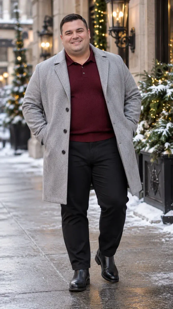Light Grey Topcoats and Burgundy Polo Knits