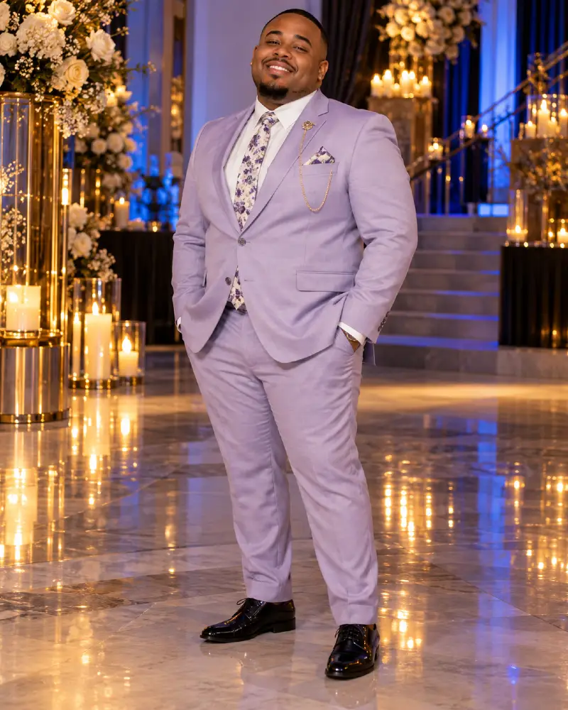 Light Lavender Suit With Floral Tie And Warm Candlelight