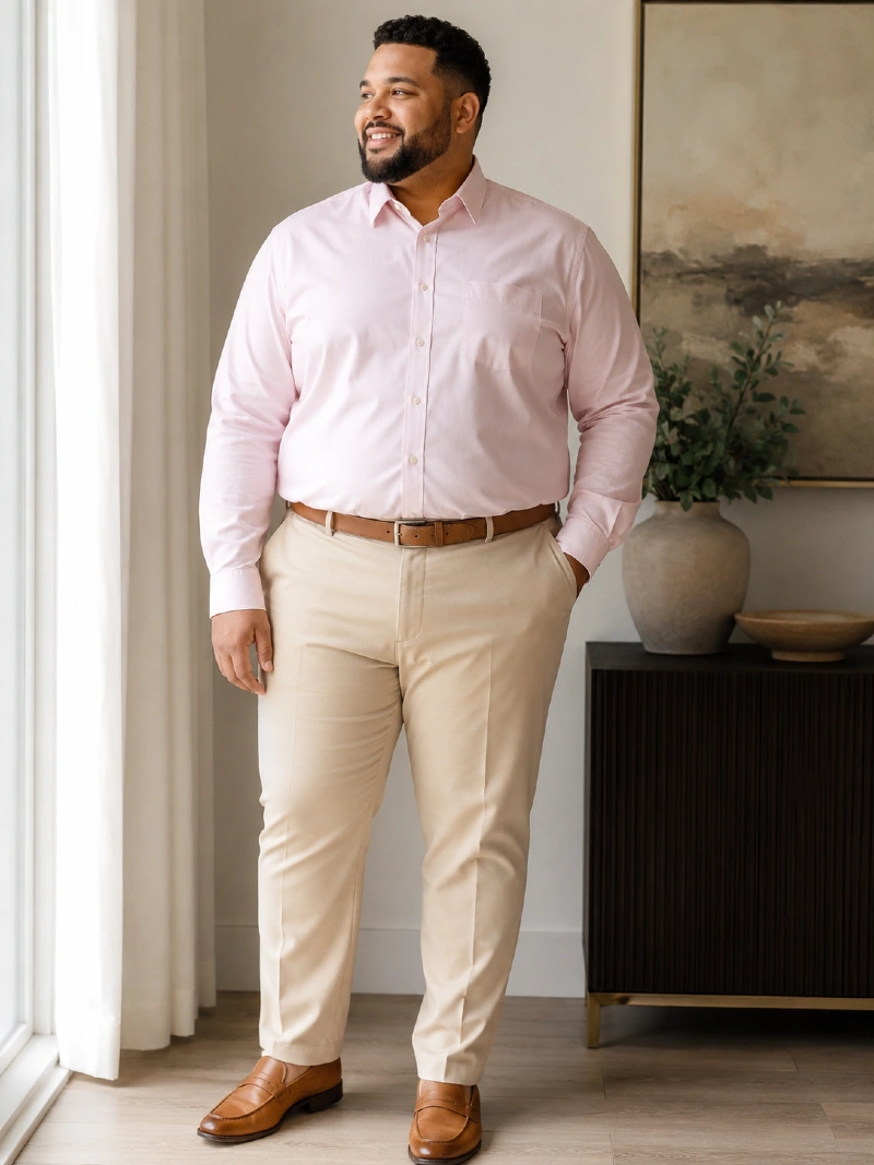 Light Pink Dress Shirt and Beige Trousers