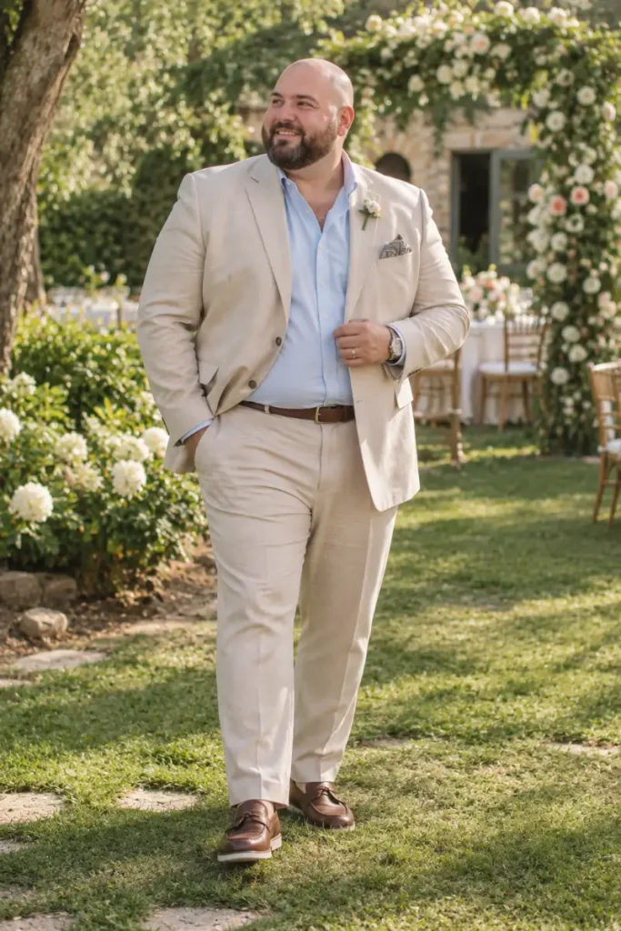 Light Sand Linen Suit With Pale Blue Shirt