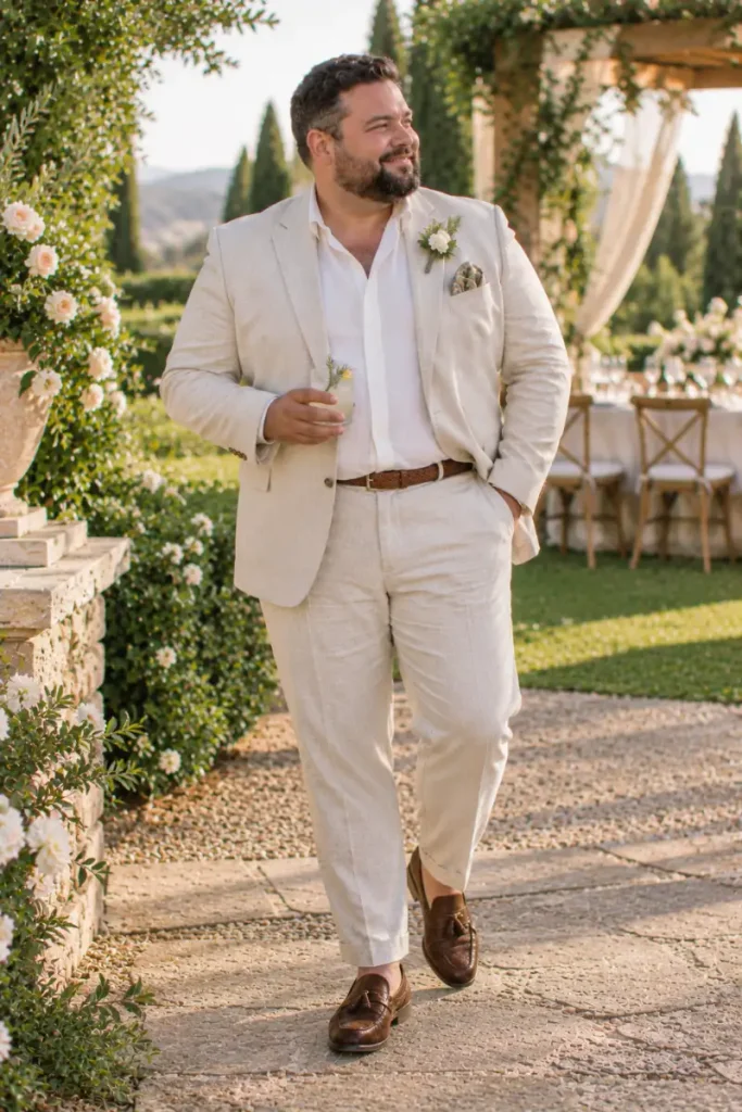 Light Stone Linen Suit With Braided Leather Belt
