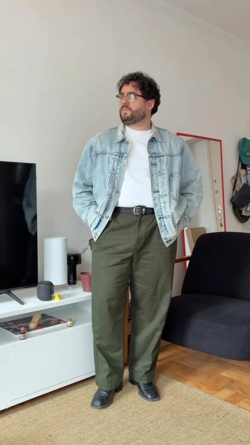 Light Wash Denim Jacket and Olive Trousers