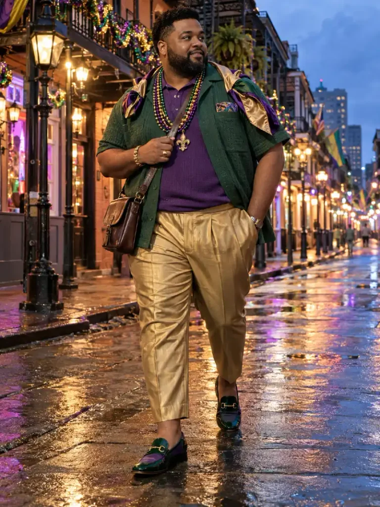 Lustrous Metallic Gold Trousers Anchoring Textured Green Layers