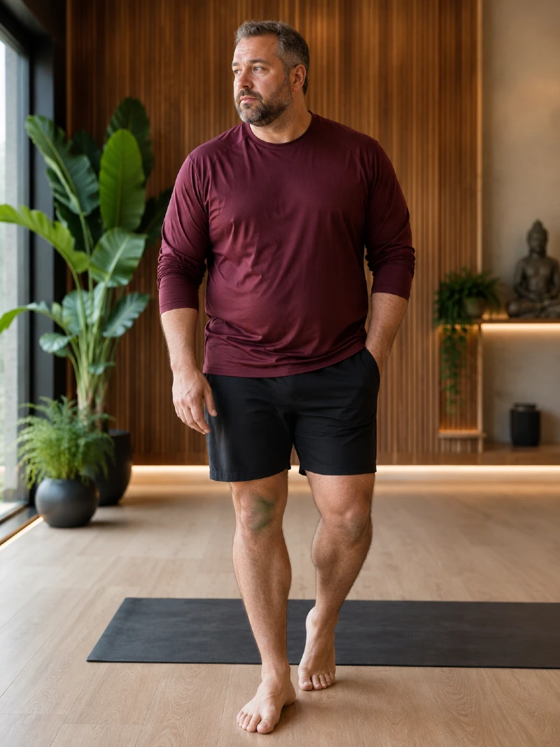 Maroon Long-Sleeve Shirt and Black Shorts