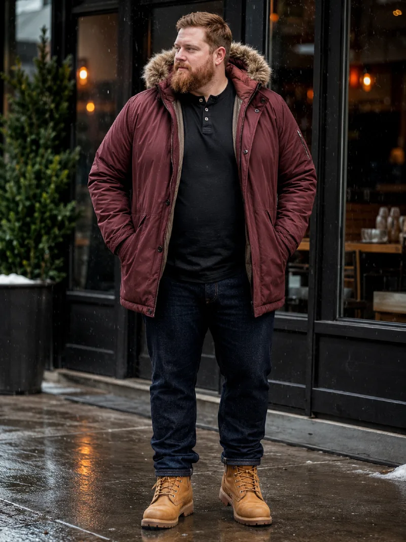 Maroon Parka Jacket with Black Henley Shirt and Dark Jeans