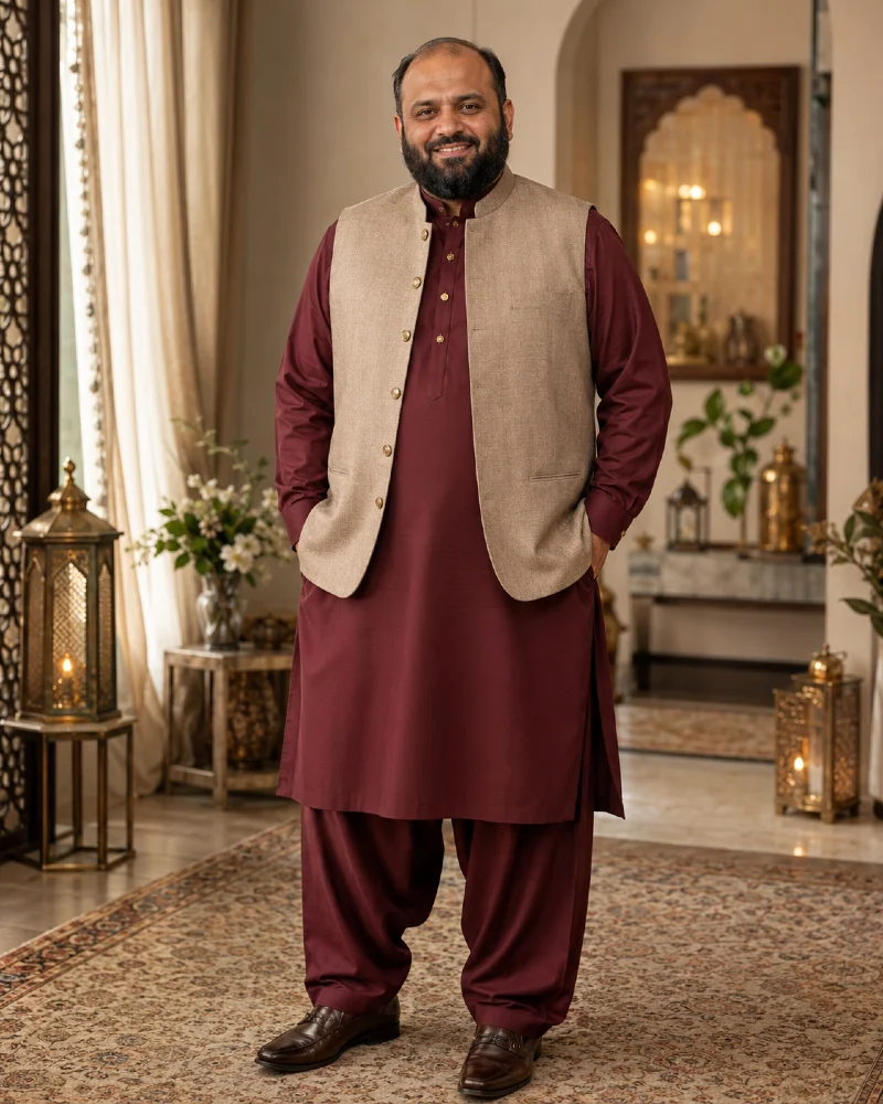 Maroon Shalwar Kameez with Beige Waistcoat