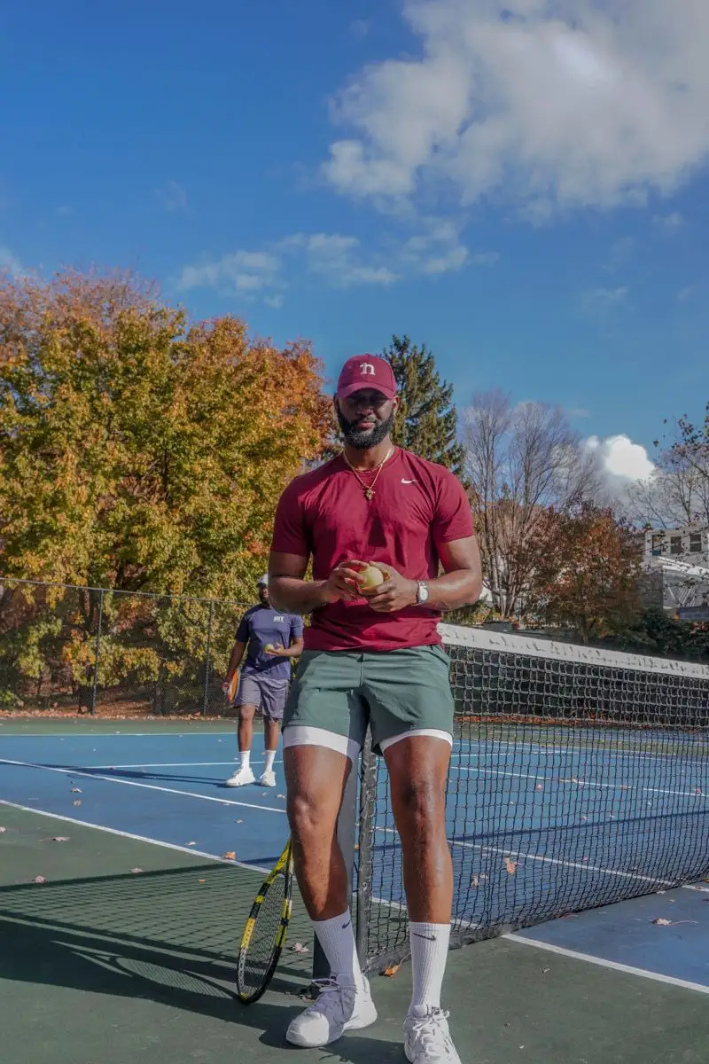 Maroon T-Shirt and Dark Green Shorts