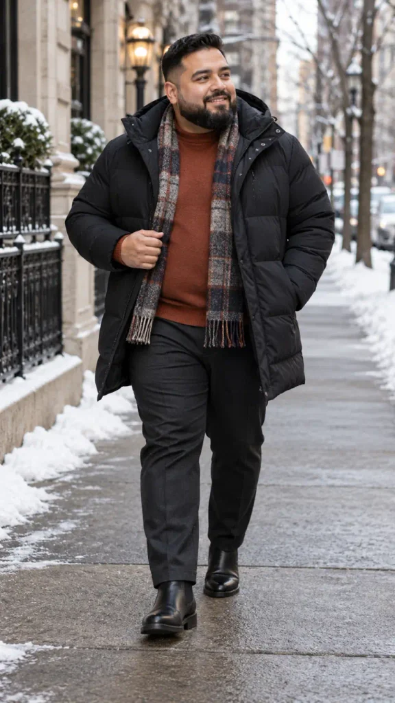 Matte Black Puffer and Warm Rust Turtleneck